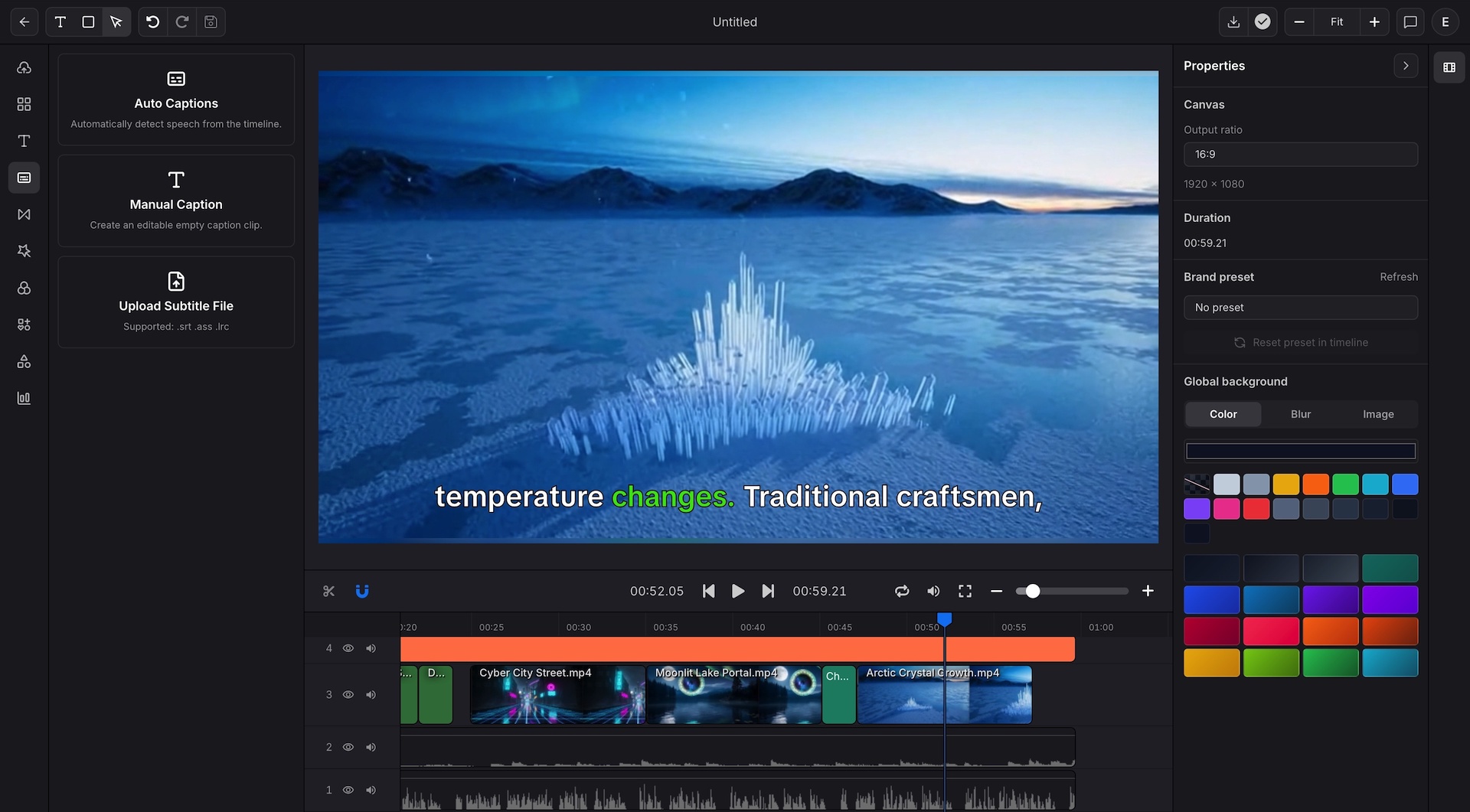 Caption editing view with subtitle styling controls