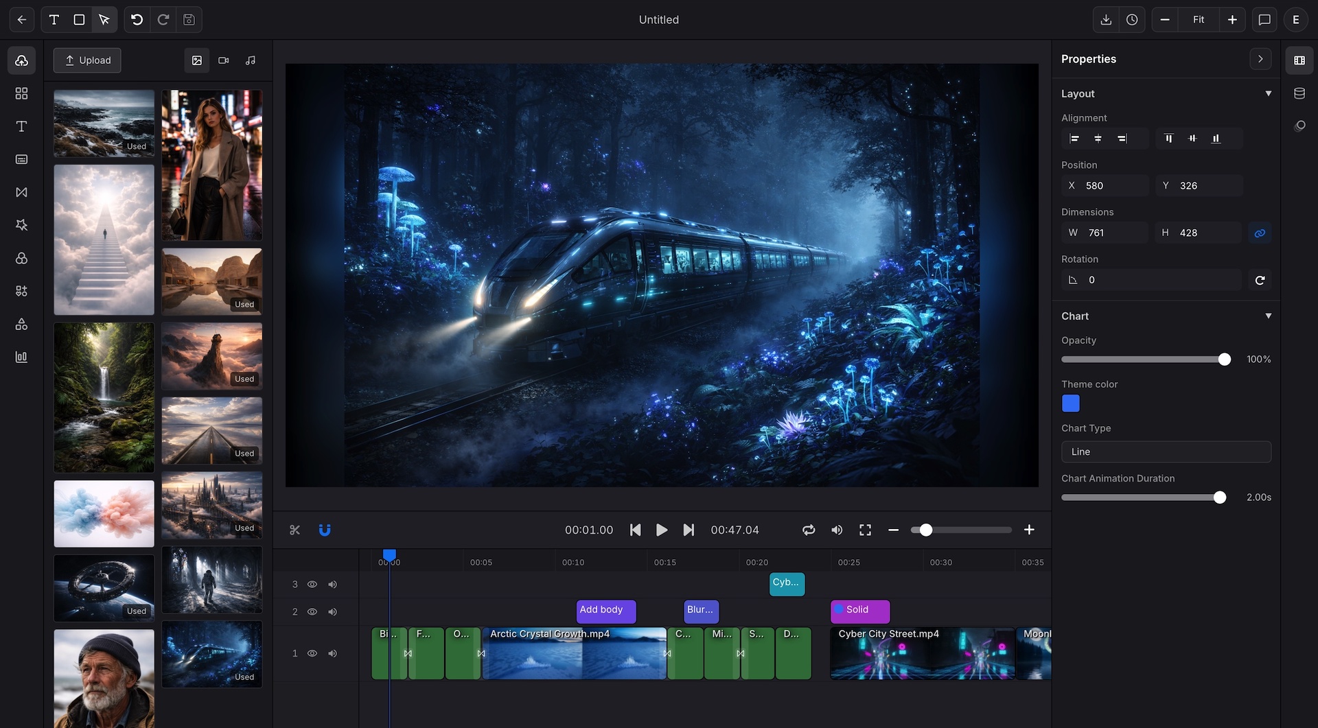 AI video editor workspace with timeline, chart scene, and subtitle track