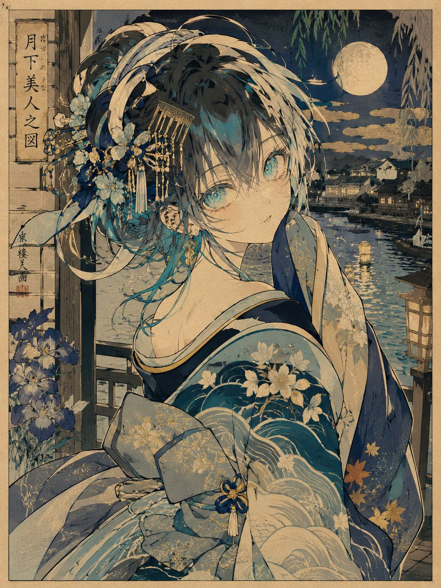 GPT Image 2 preview rendered in ukiyo-e, anime, and ink-wash styles, featuring Portrait Subject, Human Figure, Traditional Clothing, Japanese Culture, Cultural Heritage, Paper Texture, Nature Elements, and Magic Atmosphere.