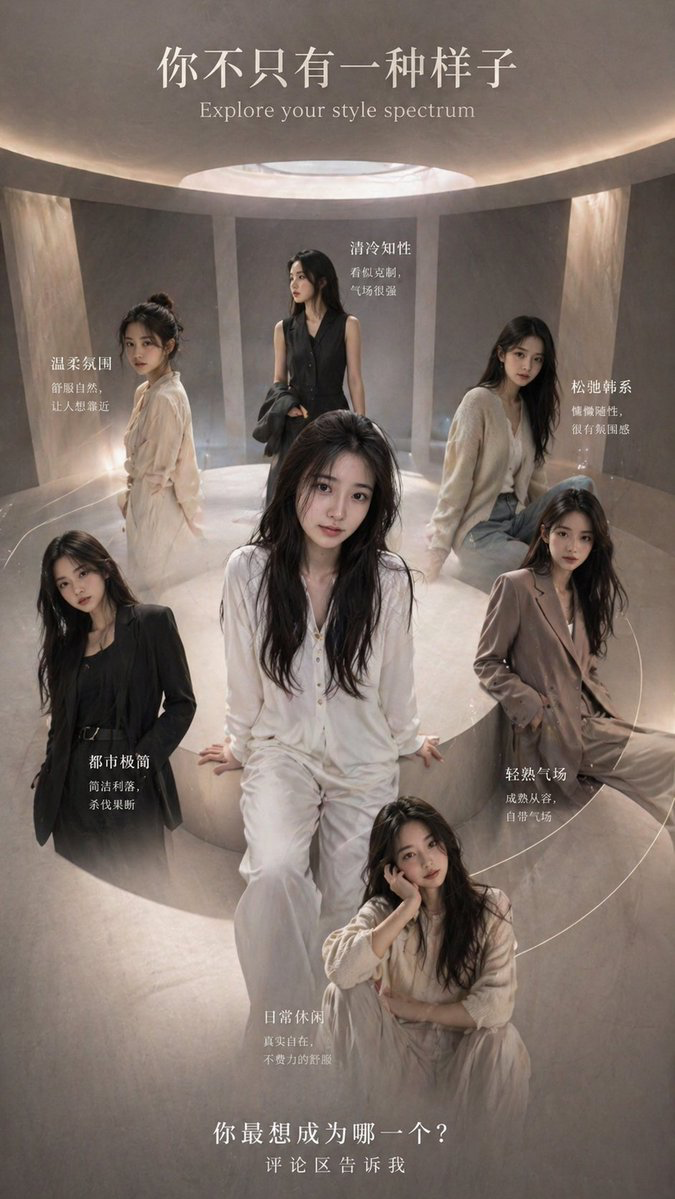 GPT Image 2 preview rendered in cinematic, minimalist, and dark-moody styles, featuring Portrait Subject, Human Figure, Fashion Styling, Luxury Fashion, Collage Layout, and Bold Typography.